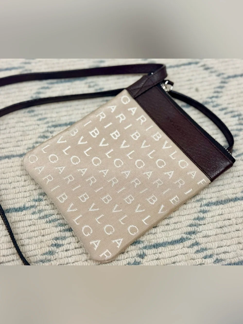 BVLGARI Unisex Rare Logomania Beige Leather Canvas Flat Pouch Crossbody Bag